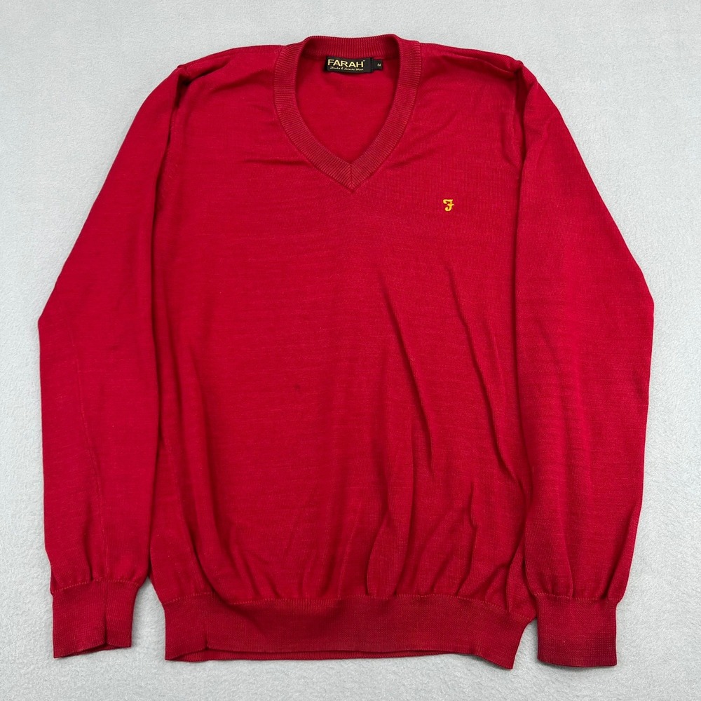 Farah Mens Red V-Neck Knit Sweater Size Medium Logo Vtg 90s Pullover